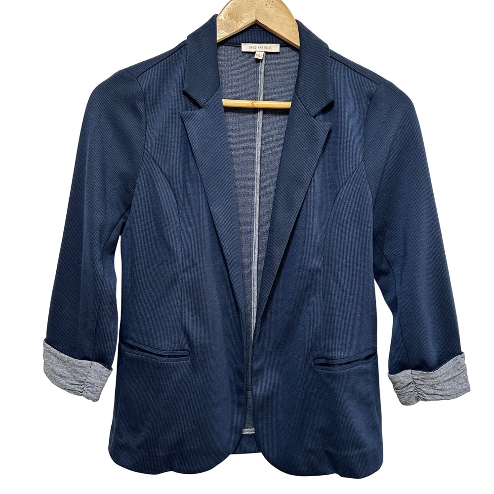 Skies Are Blue Textured Knit Blazer Womens Small 3/4 Sleeve Jacket Blue Stretch